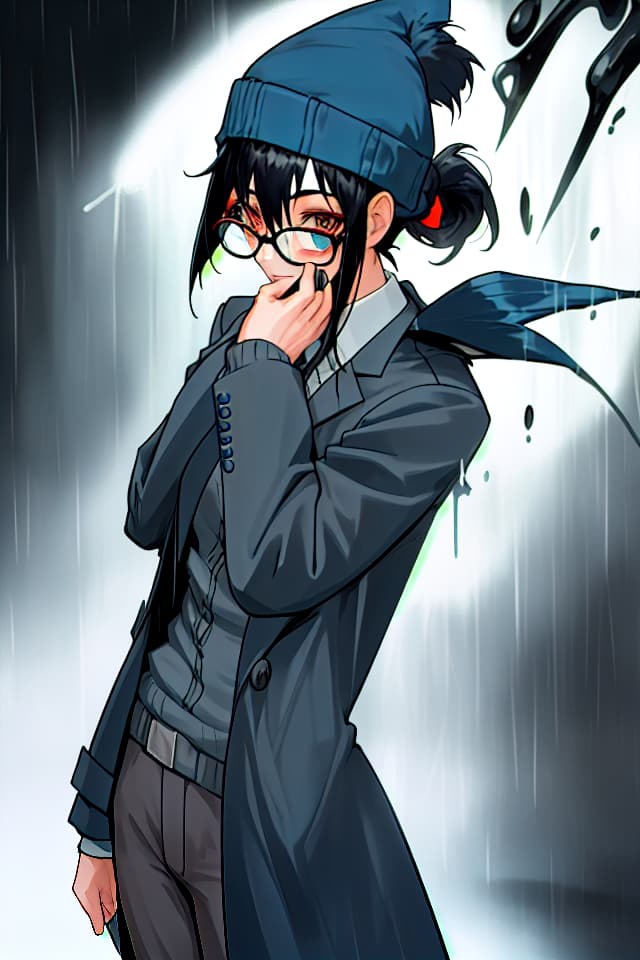  Conan, black hair, hair up to the shoulders, hair healing, ponytail, blue knit hat, blazer, raincoat, glasses