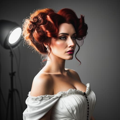  /send image of a modern woman with big thick curly dark red hair with the ghost of a Victorian noble woman styling her hair voluminously big I'm creating an image of a modern woman with stunning dark red, big, and thick curly hair. Her hair is alive with the ghostly presence of a Victorian noble lady subtly styling her hair into voluminous beauty. This captivating portrait showcases contrasting eras in one serene moment. The contemporary woman's outfit adds depth to this unique scene as she looks captivated by the timeless hairstyling act unfolding before her eyes while being dressed in fashionable attire that signifies present-day sophistication. hyperrealistic, full body, detailed clothing, highly detailed, cinematic lighting, stunningly beautiful, intricate, sharp focus, f/1. 8, 85mm, (centered image composition), (professionally color graded), ((bright soft diffused light)), volumetric fog, trending on instagram, trending on tumblr, HDR 4K, 8K