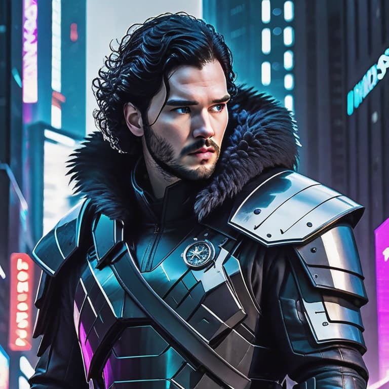  In a neon-lit, futuristic cityscape, meet John Snow, the enigmatic hero of this cyberpunk adventure. Standing atop a towering skyscraper, he gazes down upon the dystopian landscape below. His sharp, piercing eyes betray a mix of determination and weariness as he prepares to embark on his next mission. Clad in sleek, high-tech armor, John Snow is armed with state-of-the-art gadgets and a mysterious past. As the city pulses with vibrant energy, John Snow becomes the beacon of hope against the darkness that envelops this metropolis. hyperrealistic, full body, detailed clothing, highly detailed, cinematic lighting, stunningly beautiful, intricate, sharp focus, f/1. 8, 85mm, (centered image composition), (professionally color graded), ((bright soft diffused light)), volumetric fog, trending on instagram, trending on tumblr, HDR 4K, 8K