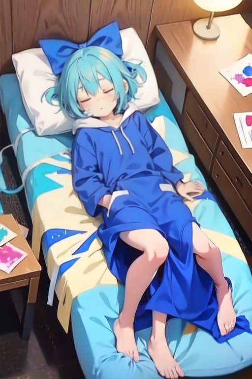  Cirno in a sleeping bag, watercolor painting