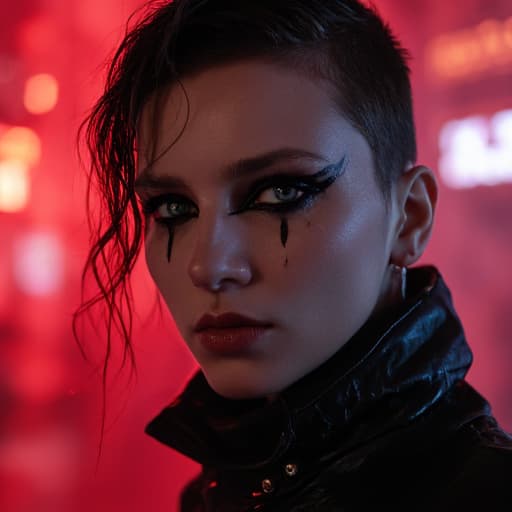  ultra realistic close up portrait ((beautiful pale cyberpunk female with heavy black eyeliner)), blue eyes, shaved side haircut, hyper detail, cinematic lighting, magic neon, dark red city, canon eos r3, nikon, f/1.4, iso 200, 1/160s, 8k, raw, unedited, symmetrical balance, in frame, 8k hyperrealistic, full body, detailed clothing, highly detailed, cinematic lighting, stunningly beautiful, intricate, sharp focus, f/1. 8, 85mm, (centered image composition), (professionally color graded), ((bright soft diffused light)), volumetric fog, trending on instagram, trending on tumblr, HDR 4K, 8K