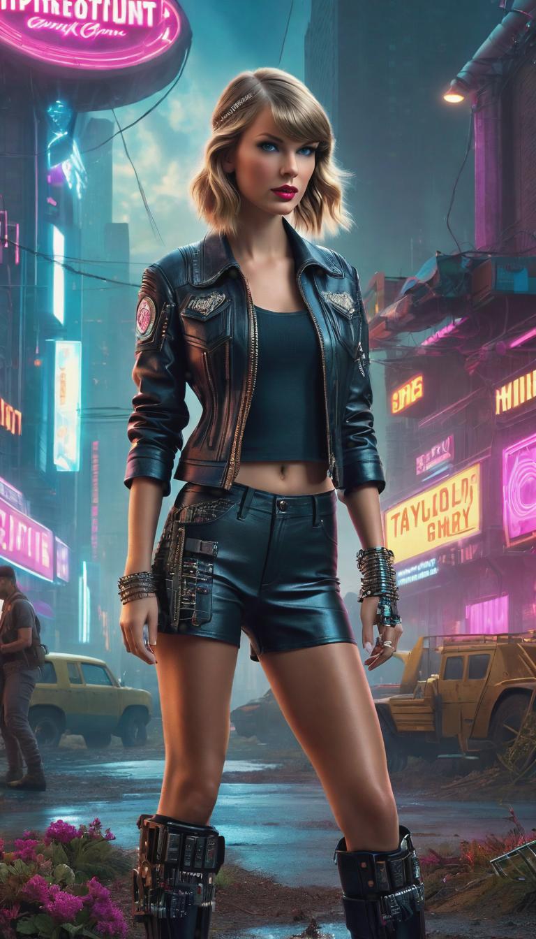  Cyberpunk style depiction of Taylor Swift as a country girl. The scene is set in a world where technology has advanced, but society and human conditions have not, creating a gritty, dystopian atmosphere. hyperrealistic, full body, detailed clothing, highly detailed, cinematic lighting, stunningly beautiful, intricate, sharp focus, f/1. 8, 85mm, (centered image composition), (professionally color graded), ((bright soft diffused light)), volumetric fog, trending on instagram, trending on tumblr, HDR 4K, 8K