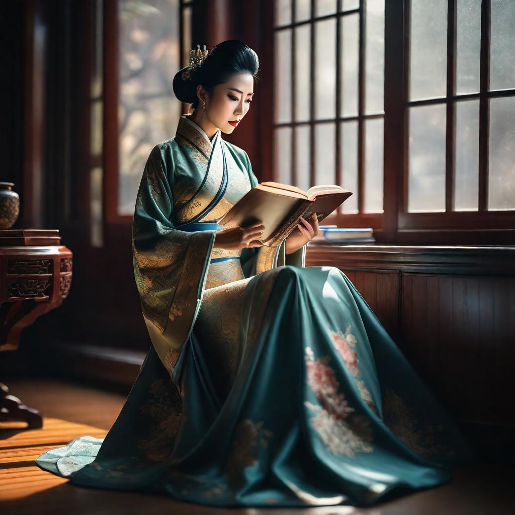 Chinese woman reading a book by the window hyperrealistic, full body, detailed clothing, highly detailed, cinematic lighting, stunningly beautiful, intricate, sharp focus, f/1. 8, 85mm, (centered image composition), (professionally color graded), ((bright soft diffused light)), volumetric fog, trending on instagram, trending on tumblr, HDR 4K, 8K