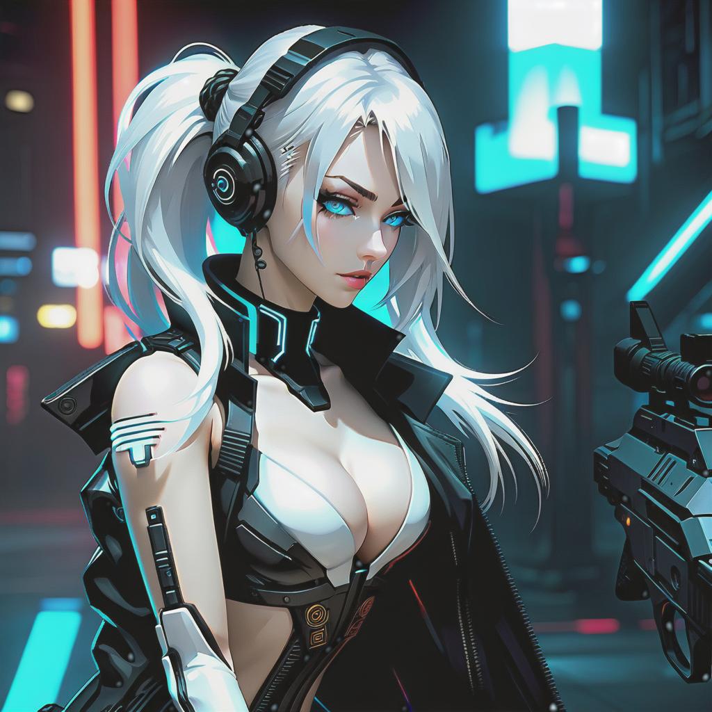  cyberpunk game style Beautiful girl. Major during execution. Tall, elegant, beautiful. Hair collected in a tail. Hair white as snow. Eyes gently blue. Skin pale. . neon, dystopian, futuristic, digital, vibrant, detailed, high contrast, reminiscent of cyberpunk genre video games hyperrealistic, full body, detailed clothing, highly detailed, cinematic lighting, stunningly beautiful, intricate, sharp focus, f/1. 8, 85mm, (centered image composition), (professionally color graded), ((bright soft diffused light)), volumetric fog, trending on instagram, trending on tumblr, HDR 4K, 8K