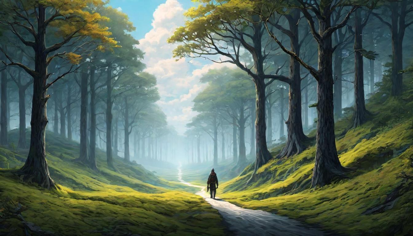  digital illustration A figure standing at a crossroads, one path leading into a dark, tangled forest, the other into a bright, open field, choice, contemplation. looking at viewer, dynamic pose, (intricate details, masterpiece, best quality)