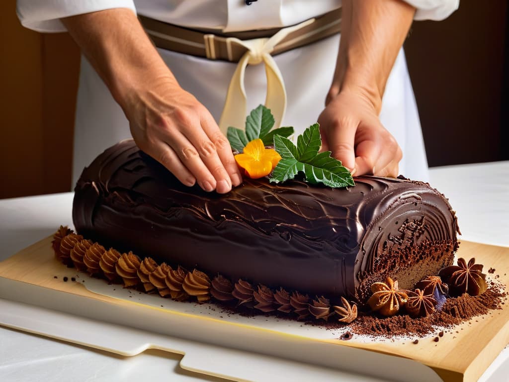  An intricately detailed closeup image of a chef's hands elegantly piping rich chocolate ganache onto a freshly baked yule log, with smooth, glossy frosting swirling in precise patterns, creating a visually stunning and appetizing masterpiece. hyperrealistic, full body, detailed clothing, highly detailed, cinematic lighting, stunningly beautiful, intricate, sharp focus, f/1. 8, 85mm, (centered image composition), (professionally color graded), ((bright soft diffused light)), volumetric fog, trending on instagram, trending on tumblr, HDR 4K, 8K