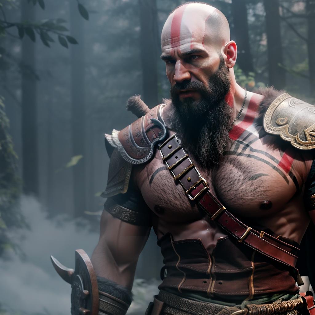  God of war hyperrealistic, full body, detailed clothing, highly detailed, cinematic lighting, stunningly beautiful, intricate, sharp focus, f/1. 8, 85mm, (centered image composition), (professionally color graded), ((bright soft diffused light)), volumetric fog, trending on instagram, trending on tumblr, HDR 4K, 8K