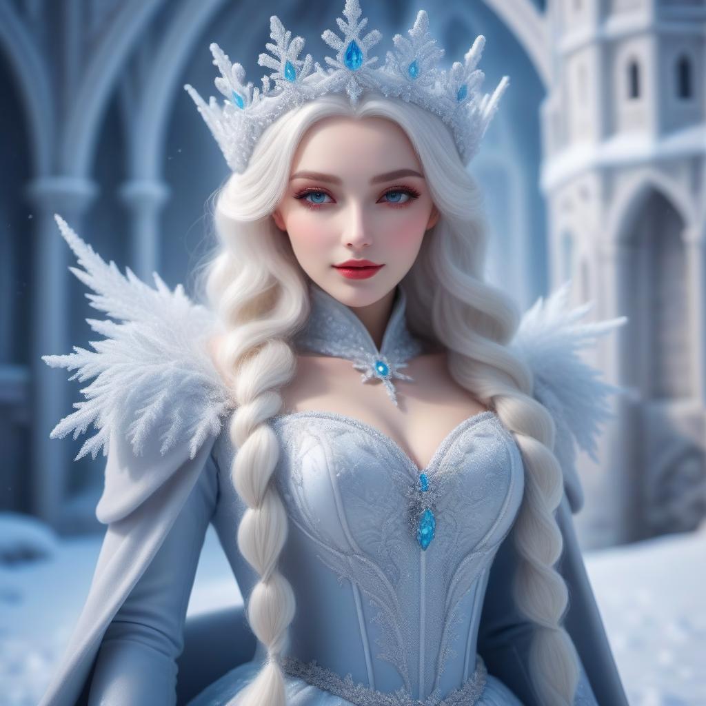  Tender Snow Queen Girl in a snowy luminous castle.Realism hyperrealistic, full body, detailed clothing, highly detailed, cinematic lighting, stunningly beautiful, intricate, sharp focus, f/1. 8, 85mm, (centered image composition), (professionally color graded), ((bright soft diffused light)), volumetric fog, trending on instagram, trending on tumblr, HDR 4K, 8K