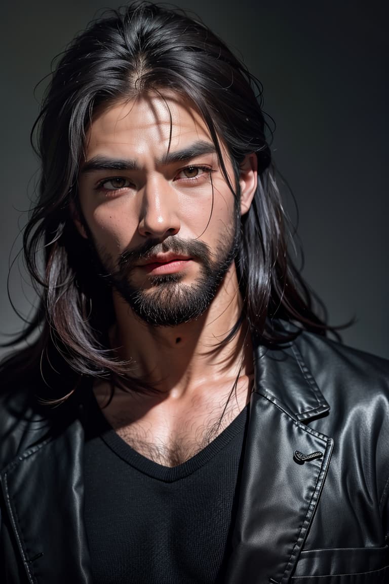  Best quality, masterpiece, ultra high res, (photorealistic:1.4), raw photo, (realistic skin), ((((masterpiece)))), best quality, very high resolution, ultra detailed, in frame, Japanese, black hair, masculine, wolfish, bushy eyebrows, double eyelids, long eyelashes, thin lips, sparse beard, strong jawline, intense gaze, attractive, stylish, elegant, mysterious, rugged, charismatic, cool, handsome, striking, charming, deep shadow, dramatic lighting