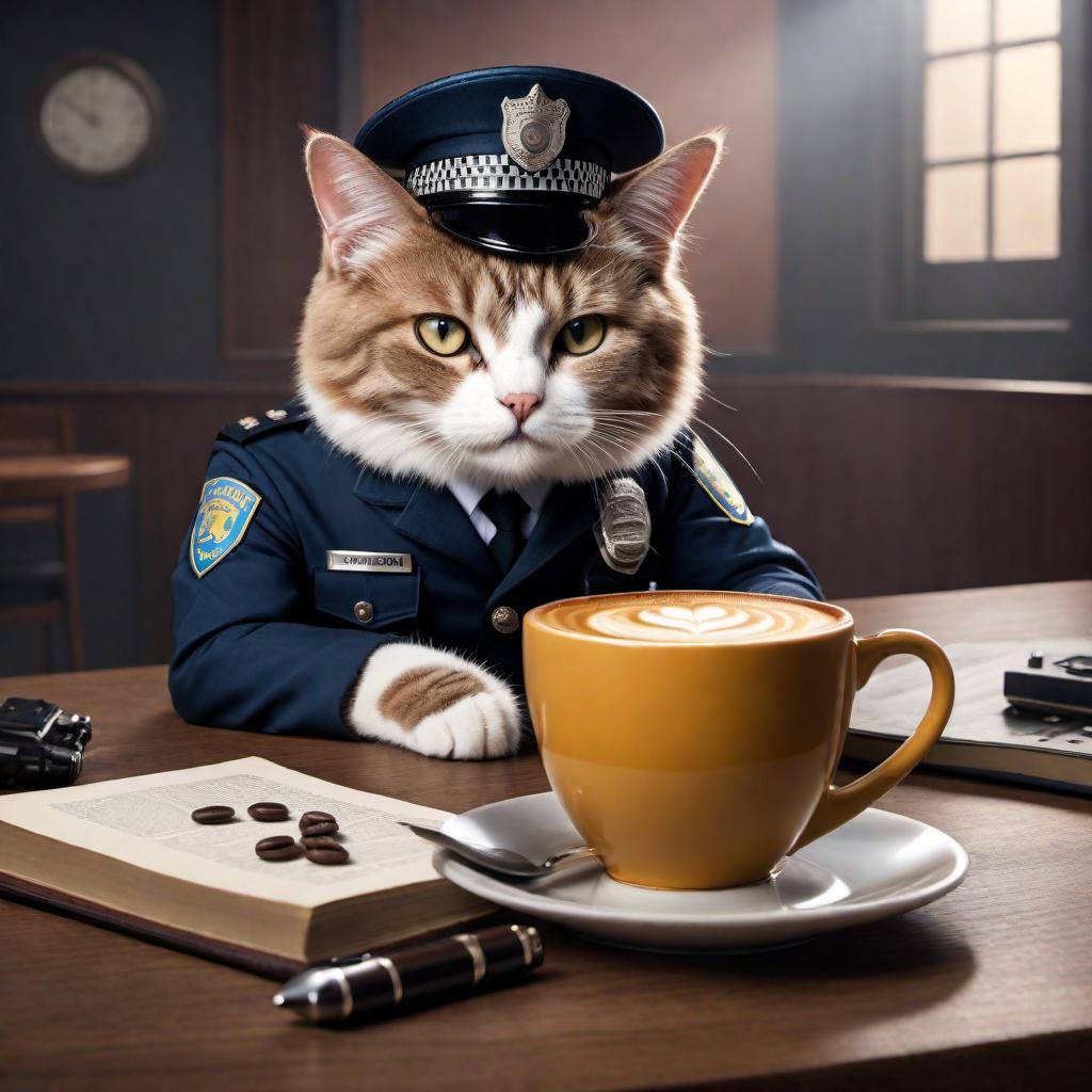  A funny meme where a cat with a very human-like appearance is dressed in a police uniform, sitting at a table. The cat is holding a handgun and a coffee mug. There’s a caption at the top that says "I HAVEN'T HAD MY COFFEE YET" and at the bottom "DON'T PURRR-SUE ME". The meme plays on the phrase "don't pursue me" with a humorous twist, replacing "pursue" with "purr-sue," referencing the sound that cats make. hyperrealistic, full body, detailed clothing, highly detailed, cinematic lighting, stunningly beautiful, intricate, sharp focus, f/1. 8, 85mm, (centered image composition), (professionally color graded), ((bright soft diffused light)), volumetric fog, trending on instagram, trending on tumblr, HDR 4K, 8K