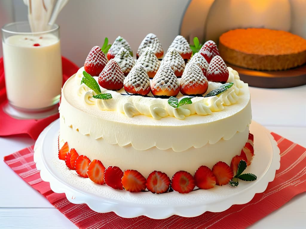  An ultradetailed, minimalist image of a decadent threetiered tres leches cake, each layer soaked in a different milk evaporated milk, condensed milk, and heavy cream. The cake is elegantly decorated with a light dusting of cinnamon and topped with fresh strawberries and mint leaves. The backdrop is a soft, neutral color to enhance the simplicity and beauty of the cake. hyperrealistic, full body, detailed clothing, highly detailed, cinematic lighting, stunningly beautiful, intricate, sharp focus, f/1. 8, 85mm, (centered image composition), (professionally color graded), ((bright soft diffused light)), volumetric fog, trending on instagram, trending on tumblr, HDR 4K, 8K