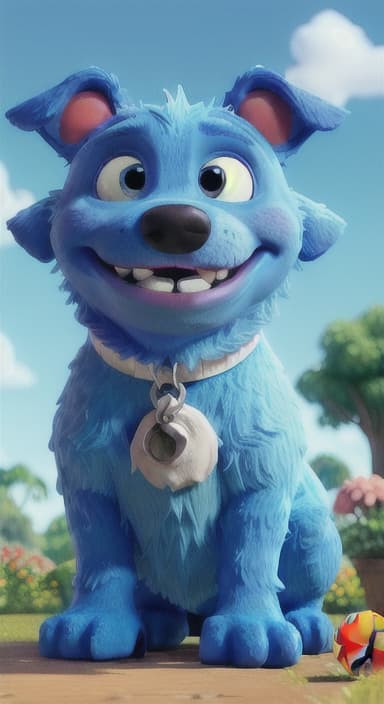  {Max carefully picking up the ball with his teeth without disturbing the flowers, The big blue dog is large with sky blue fur, big round eyes, a black nose, and floppy ears.