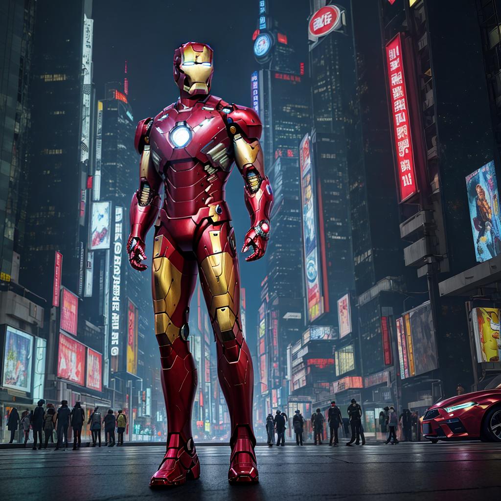  masterpiece, best quality, Best quality, masterpiece, 8k resolution, realistic, highly detailed, close up of Iron Man. In a cyberpunk-style night scene of the city, he stands on a street lined with tall buildings. The city's night lights are bright, The surrounding buildings and streets are filled with cyberpunk elements such as neon lights, high-tech devices, and futuristic architectural designs.