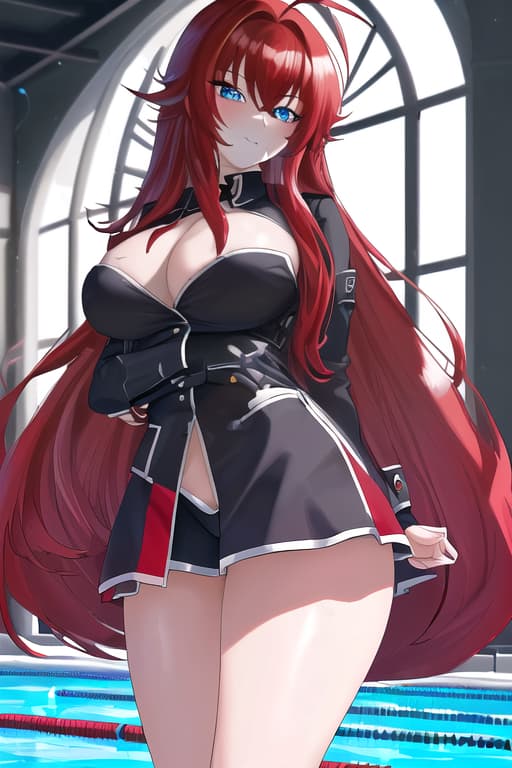  with erect in her mouth,masterpiece, best quality, 1women, long red hair, looking at viewer, :3, cute, black uniform, outdoors, streets, cowboy shot, curvy, (((blue eyes))), rias gremory, red hair, antenna hair, wavy hair, ((beautiful detailed eyes, beautiful detailed glow, lots of glow)), anime screencap,women at pool, compeion , black , masterpiece, best quality, high quality, solo