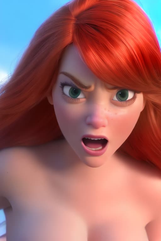 modern disney style Emma Stone,, nude,, squatting,, short red hair,, big breast,, penetrating vagina with dildo,, orgasm,, squirting out of vagina,,