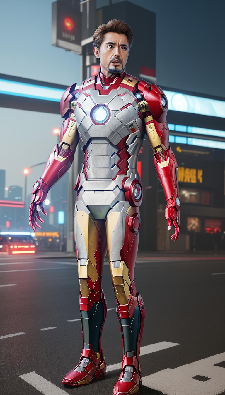  masterpiece, best quality, Best quality, masterpiece, 8k resolution, realistic, highly detailed, close up of Iron Man. In a cyberpunk style night scene of the city, he stands on a street lined with tall buildings. The city's night lights are bright, The surrounding buildings and streets are filled with cyberpunk elements such as neon lights, high tech devices, and futuristic architectural designs.