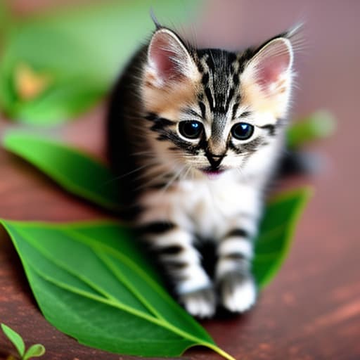  Cute domestic kitten sitting on a leaf