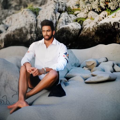 lnkdn photography a young man resting near a beach, while some people are swimming and some are trading in a favorable climatic condition hyperrealistic, full body, detailed clothing, highly detailed, cinematic lighting, stunningly beautiful, intricate, sharp focus, f/1. 8, 85mm, (centered image composition), (professionally color graded), ((bright soft diffused light)), volumetric fog, trending on instagram, trending on tumblr, HDR 4K, 8K