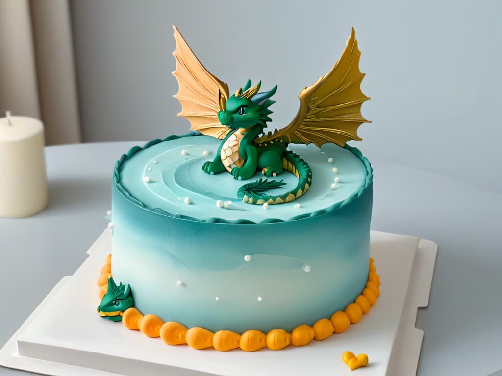  An intricate, minimalistic illustration of a majestic dragon cake as the focal point, adorned with fondant scales and detailed wings, set against a subtle, monochromatic background to emphasize the intricate design and craftsmanship of the dessert centerpiece. hyperrealistic, full body, detailed clothing, highly detailed, cinematic lighting, stunningly beautiful, intricate, sharp focus, f/1. 8, 85mm, (centered image composition), (professionally color graded), ((bright soft diffused light)), volumetric fog, trending on instagram, trending on tumblr, HDR 4K, 8K