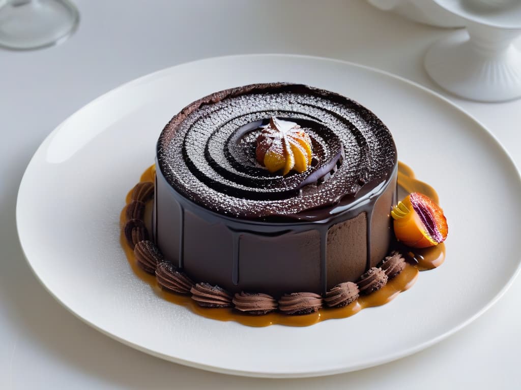  An intricate closeup shot of a delicate balsamic vinegar glaze being meticulously drizzled in a swirl pattern over a decadent chocolate lava cake, showcasing the glossy texture and rich color contrast between the deep chocolate and the dark amber of the balsamic vinegar. The minimalist composition focuses solely on the artful presentation of the dessert, emphasizing the fusion of flavors and the expertise of the pastry chef, with a subtle play of light and shadow enhancing the luxurious appeal of the dish. hyperrealistic, full body, detailed clothing, highly detailed, cinematic lighting, stunningly beautiful, intricate, sharp focus, f/1. 8, 85mm, (centered image composition), (professionally color graded), ((bright soft diffused light)), volumetric fog, trending on instagram, trending on tumblr, HDR 4K, 8K