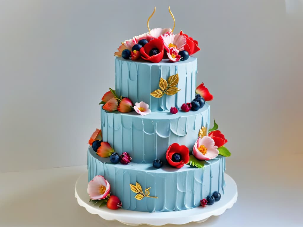  A beautifully decorated threetiered cake standing on a crystalclear cake stand. The cake is covered in intricate floral designs made of fondant, with each petal and leaf meticulously crafted and painted with edible gold accents. The top tier is adorned with a cascade of fresh berries and vibrant edible flowers, creating a stunning contrast against the white frosting. The background features soft focus fairy lights, adding a magical and elegant touch to the scene. hyperrealistic, full body, detailed clothing, highly detailed, cinematic lighting, stunningly beautiful, intricate, sharp focus, f/1. 8, 85mm, (centered image composition), (professionally color graded), ((bright soft diffused light)), volumetric fog, trending on instagram, trending on tumblr, HDR 4K, 8K