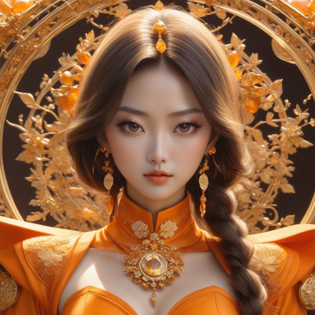  A cartoon girl in an orange costume with gold jewelry, in the style of miho hirano, light yellow and dark brown, close up, traditional costumes, childlike simplicity, comic art, tondo hyperrealistic, full body, detailed clothing, highly detailed, cinematic lighting, stunningly beautiful, intricate, sharp focus, f/1. 8, 85mm, (centered image composition), (professionally color graded), ((bright soft diffused light)), volumetric fog, trending on instagram, trending on tumblr, HDR 4K, 8K