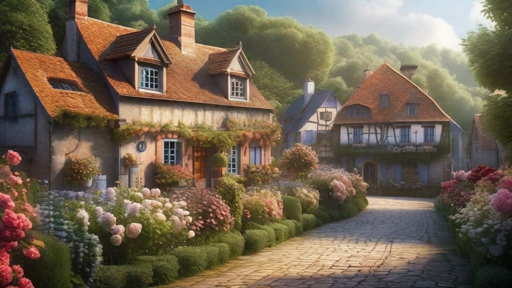  ((Blueprint of 40 magical houses nestled in an idyllic European village, executed in French country style, bedecked with abundantly blooming flowers,)), captivating, highly detailed, cinematic lighting, intricate, sharp focus, volumetric fog, centered image composition, professionally color graded, bright soft diffused light, trending on instagram, trending on pinterest, 3D, HD 8K.