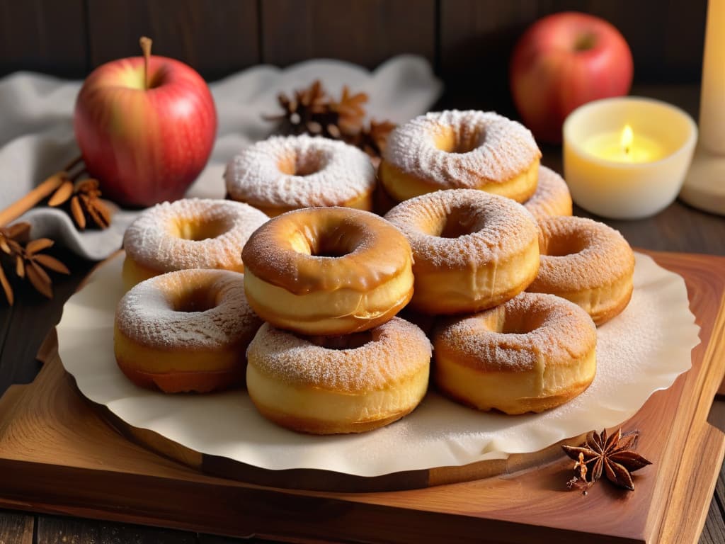  An ultradetailed image of a freshly baked batch of apple cider donuts, arranged elegantly on a rustic wooden platter. Each donut is perfectly goldenbrown, coated in a light dusting of cinnamon sugar, with a subtle glaze glistening under warm lighting that highlights the intricate ridges and textures of the donuts. The background is softly blurred, enhancing the minimalistic presentation of the delicious autumn treats. hyperrealistic, full body, detailed clothing, highly detailed, cinematic lighting, stunningly beautiful, intricate, sharp focus, f/1. 8, 85mm, (centered image composition), (professionally color graded), ((bright soft diffused light)), volumetric fog, trending on instagram, trending on tumblr, HDR 4K, 8K