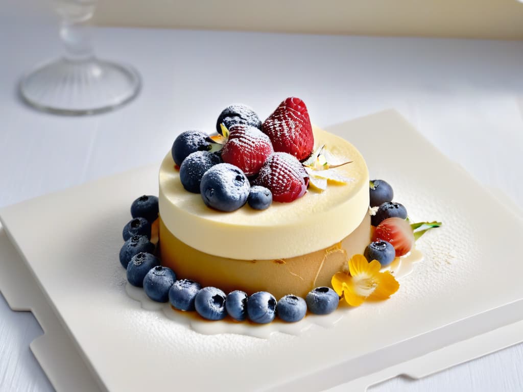  A highresolution, minimalist image featuring a beautifully plated dessert showcasing a harmonious combination of flavors, with intricate layers of sponge cake, creamy custard, fresh berries, and delicate edible flowers, all elegantly arranged on a white, matte ceramic plate set against a soft, blurred background to emphasize the artistry and sophistication of flavor pairing in modern desserts. hyperrealistic, full body, detailed clothing, highly detailed, cinematic lighting, stunningly beautiful, intricate, sharp focus, f/1. 8, 85mm, (centered image composition), (professionally color graded), ((bright soft diffused light)), volumetric fog, trending on instagram, trending on tumblr, HDR 4K, 8K