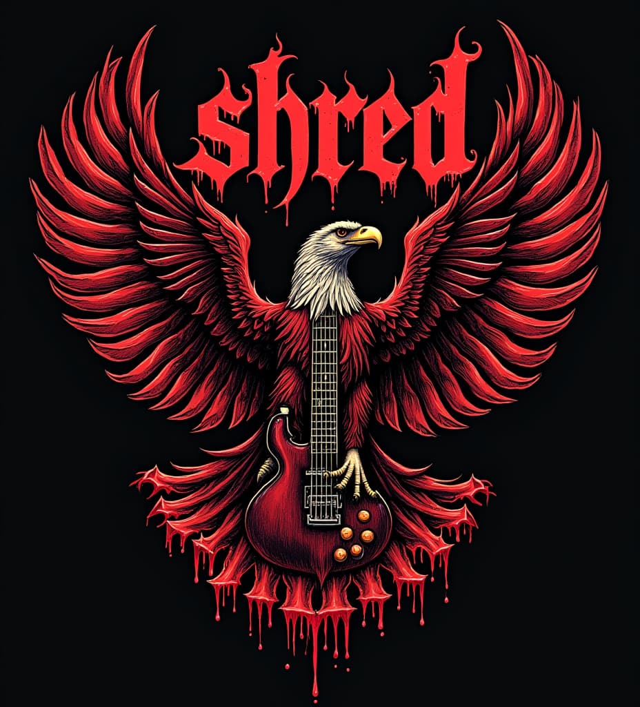  good quality, high quality, thrash metal shirt design. there are designs related to twitch streaming, metal music, the guitar is a wylde audio blood eagle. the letters "shred on top of the design