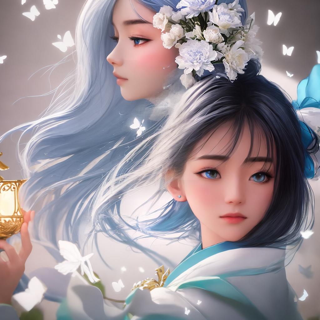  masterpiece, best quality,(fidelity: 1.4), best quality, masterpiece, super high resolution, poster, fantasy art, very detailed face, 8k resolution, chinese style, a woman, side profile, quiet, light blue hanfu, tulle coat, long black hair, light blue tassel hair accessory, hair clip, white ribbon, white flower bush, light blue butterfly fly, movie lighting effect