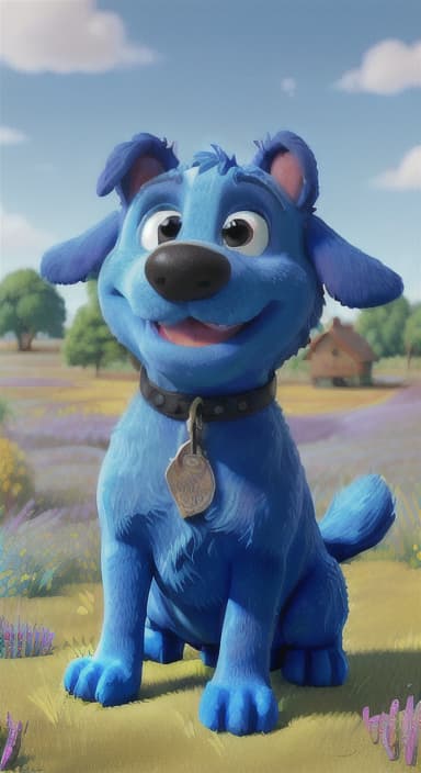  {A happy, big blue dog wagging its tail in a colorful meadow, The big blue dog is large with sky blue fur, big round eyes, a black nose, and floppy ears.