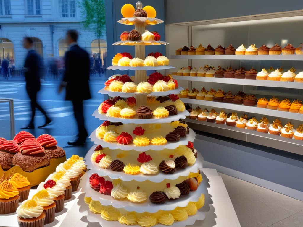  An ultradetailed, highresolution image of a beautifully decorated cupcake display at an international festival, featuring a variety of awardwinning cupcakes from different countries arranged in an elegant and visually appealing way. Each cupcake is meticulously crafted and intricately designed, showcasing the unique flavors and artistic creativity inspired by various cultures around the world. The image captures the essence of culinary excellence and international diversity, inviting viewers to indulge in a sweet and visually delightful journey through the global celebration of cupcakes. hyperrealistic, full body, detailed clothing, highly detailed, cinematic lighting, stunningly beautiful, intricate, sharp focus, f/1. 8, 85mm, (centered image composition), (professionally color graded), ((bright soft diffused light)), volumetric fog, trending on instagram, trending on tumblr, HDR 4K, 8K