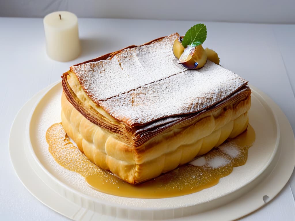  An ultradetailed, minimalistic illustration of a goldenbrown, flaky strudel pastry filled with spiced apple slices, dusted with powdered sugar, and served on a delicate porcelain plate. The layers of the pastry are intricately depicted, showcasing the expert craftsmanship of the traditional Austrian dessert. The warm hues of the baked apples contrast beautifully with the crisp, golden exterior, inviting the viewer to savor the rich flavors and textures of this iconic treat. hyperrealistic, full body, detailed clothing, highly detailed, cinematic lighting, stunningly beautiful, intricate, sharp focus, f/1. 8, 85mm, (centered image composition), (professionally color graded), ((bright soft diffused light)), volumetric fog, trending on instagram, trending on tumblr, HDR 4K, 8K