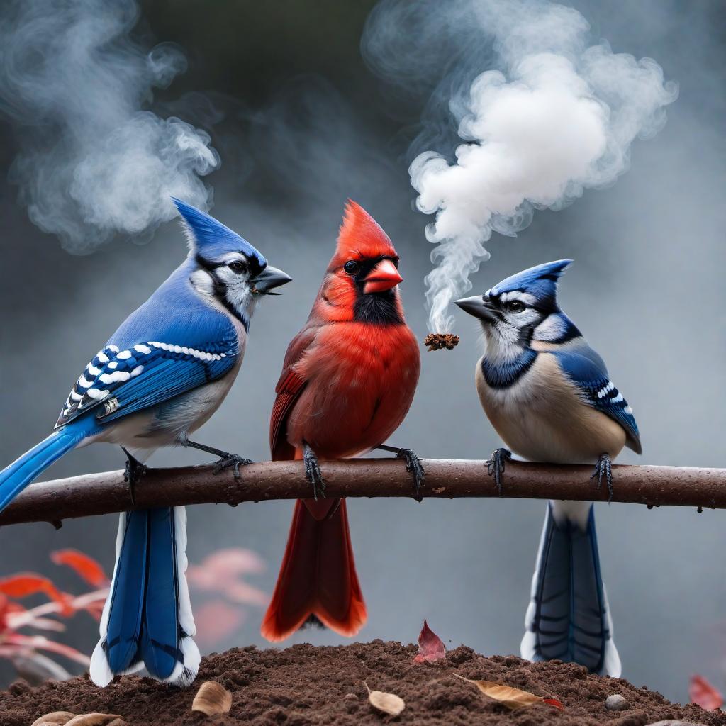  Visualize a married couple between a cardinal and blue jay smoking pot hyperrealistic, full body, detailed clothing, highly detailed, cinematic lighting, stunningly beautiful, intricate, sharp focus, f/1. 8, 85mm, (centered image composition), (professionally color graded), ((bright soft diffused light)), volumetric fog, trending on instagram, trending on tumblr, HDR 4K, 8K