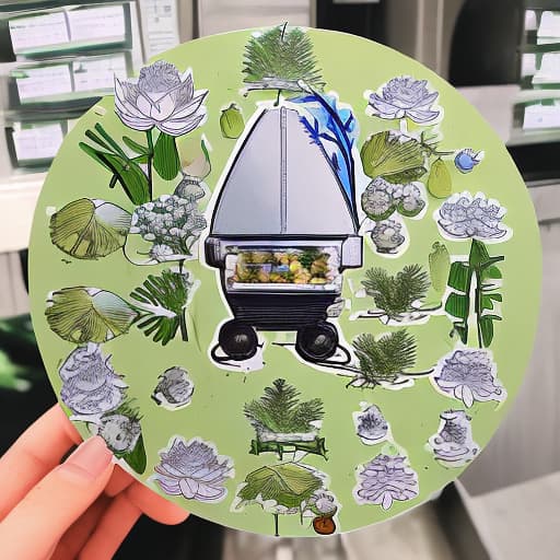  Help me draw a refrigerator sticker design with lotus flowers, pine trees and officials.