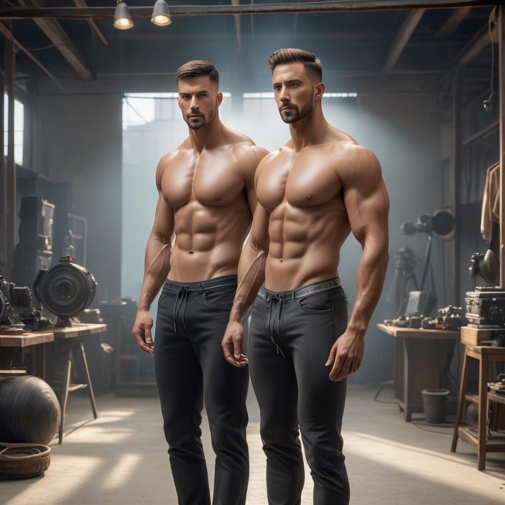  two guys, short haircuts, slim build, in a thong, light background hyperrealistic, full body, detailed clothing, highly detailed, cinematic lighting, stunningly beautiful, intricate, sharp focus, f/1. 8, 85mm, (centered image composition), (professionally color graded), ((bright soft diffused light)), volumetric fog, trending on instagram, trending on tumblr, HDR 4K, 8K