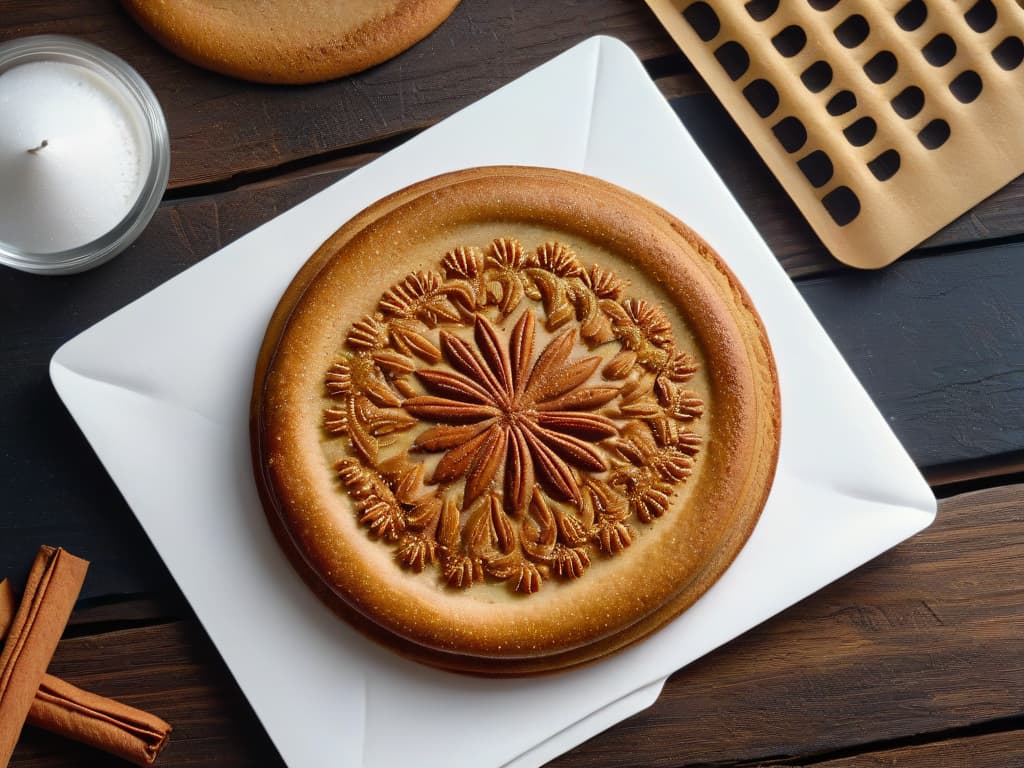  A closeup, ultradetailed image of a perfectly goldenbrown speculoos cookie, delicately dusted with cinnamon sugar, resting on a rustic wooden table. The cookie's intricate pattern of imprints adds a touch of elegance to the scene, while subtle hints of steam rising from its warm center evoke a sense of freshly baked perfection. The soft, natural lighting highlights the textures of the cookie, creating a captivating visual that embodies the essence of traditional European baking. hyperrealistic, full body, detailed clothing, highly detailed, cinematic lighting, stunningly beautiful, intricate, sharp focus, f/1. 8, 85mm, (centered image composition), (professionally color graded), ((bright soft diffused light)), volumetric fog, trending on instagram, trending on tumblr, HDR 4K, 8K