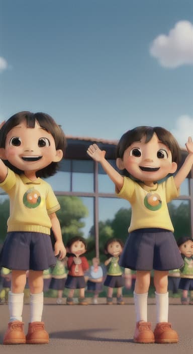  {A heartwarming scene of all the children waving goodbye with happy expressions., Children waving with wide smiles, looking grateful and content.