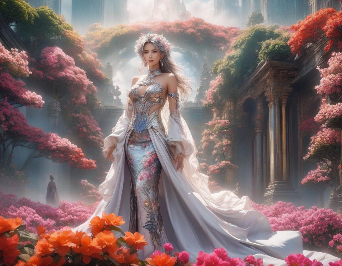  anime artwork Envision a work of art where fantasy and reality blur—a woman stands enshrouded in a tapestry of vivid blossoms, her hair a cascade of elaborate floral designs. She dons a dress of futuristic elegance against a backdrop that whispers of the surreal, all captured in the distinctive style of Luis Royo. This digital masterpiece comes alive with brilliant hues and otherworldly illumination, creating a dreamy realm where every ornate detail contributes to an imaginative tableau. . anime style, key visual, vibrant, studio anime, highly detailed hyperrealistic, full body, detailed clothing, highly detailed, cinematic lighting, stunningly beautiful, intricate, sharp focus, f/1. 8, 85mm, (centered image composition), (professionally color graded), ((bright soft diffused light)), volumetric fog, trending on instagram, trending on tumblr, HDR 4K, 8K