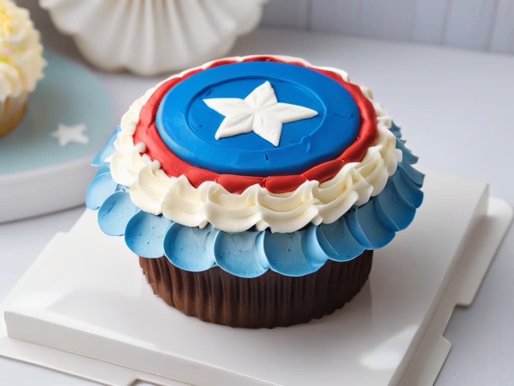  An ultradetailed, minimalistic image of a perfectly frosted cupcake with the iconic Captain America shield design on top, showcasing intricate details and vibrant colors that pop against a clean, white background. The shield is meticulously recreated with red, white, and blue frosting, reflecting the superhero theme in a visually striking and professional manner. hyperrealistic, full body, detailed clothing, highly detailed, cinematic lighting, stunningly beautiful, intricate, sharp focus, f/1. 8, 85mm, (centered image composition), (professionally color graded), ((bright soft diffused light)), volumetric fog, trending on instagram, trending on tumblr, HDR 4K, 8K