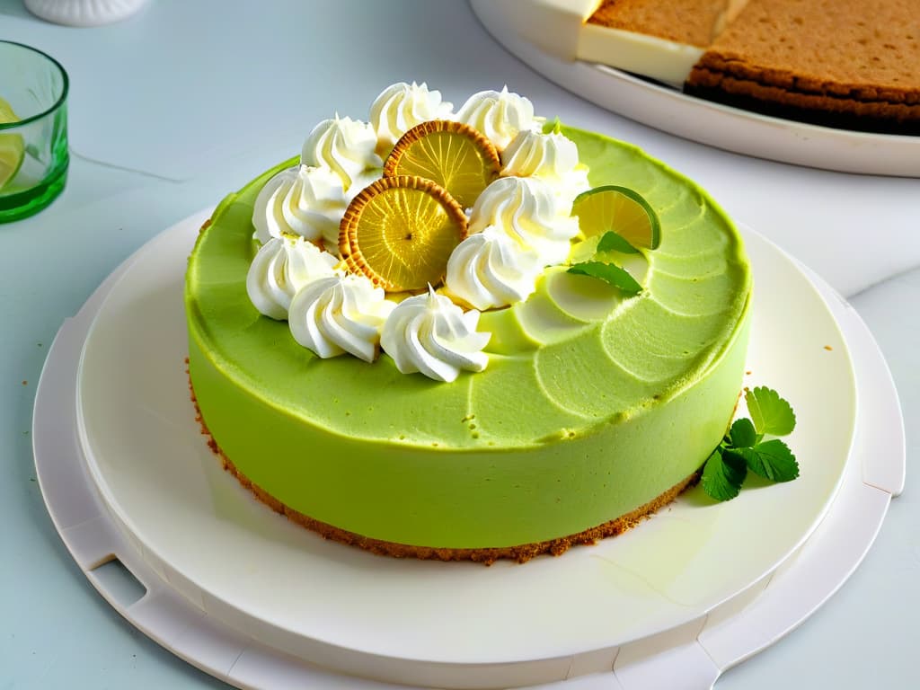  A closeup, ultradetailed image of a perfectly sliced Key Lime Pie with a graham cracker crust, topped with a dollop of whipped cream and a thin slice of lime for garnish. The pie is set on a sleek, white ceramic plate, showcasing its vibrant green filling and contrasting textures. hyperrealistic, full body, detailed clothing, highly detailed, cinematic lighting, stunningly beautiful, intricate, sharp focus, f/1. 8, 85mm, (centered image composition), (professionally color graded), ((bright soft diffused light)), volumetric fog, trending on instagram, trending on tumblr, HDR 4K, 8K