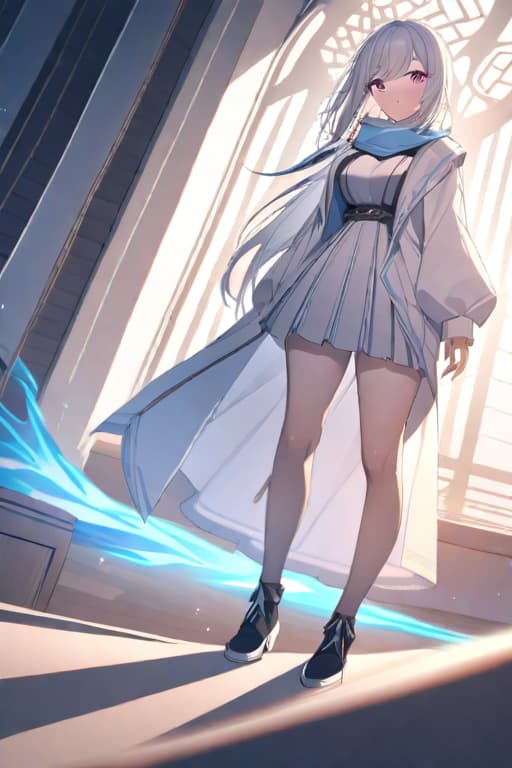  upper body, 1girl, white hair, ponytail, purple eyes, (ninja), short sword, medium breats ,scarf, wallpaper, magic circle background, light particles, blue fire hyperrealistic, full body, detailed clothing, highly detailed, cinematic lighting, stunningly beautiful, intricate, sharp focus, f/1. 8, 85mm, (centered image composition), (professionally color graded), ((bright soft diffused light)), volumetric fog, trending on instagram, trending on tumblr, HDR 4K, 8K