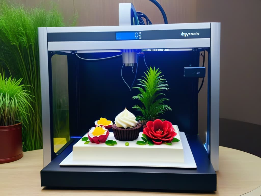  A minimalist and highly detailed image of a 3D printer delicately crafting a delectable dessert, surrounded by lush greenery and vibrant flowers. The focus is on the intricate layers being formed, showcasing the technology's potential in creating ecofriendly and visually appealing sweet treats. hyperrealistic, full body, detailed clothing, highly detailed, cinematic lighting, stunningly beautiful, intricate, sharp focus, f/1. 8, 85mm, (centered image composition), (professionally color graded), ((bright soft diffused light)), volumetric fog, trending on instagram, trending on tumblr, HDR 4K, 8K