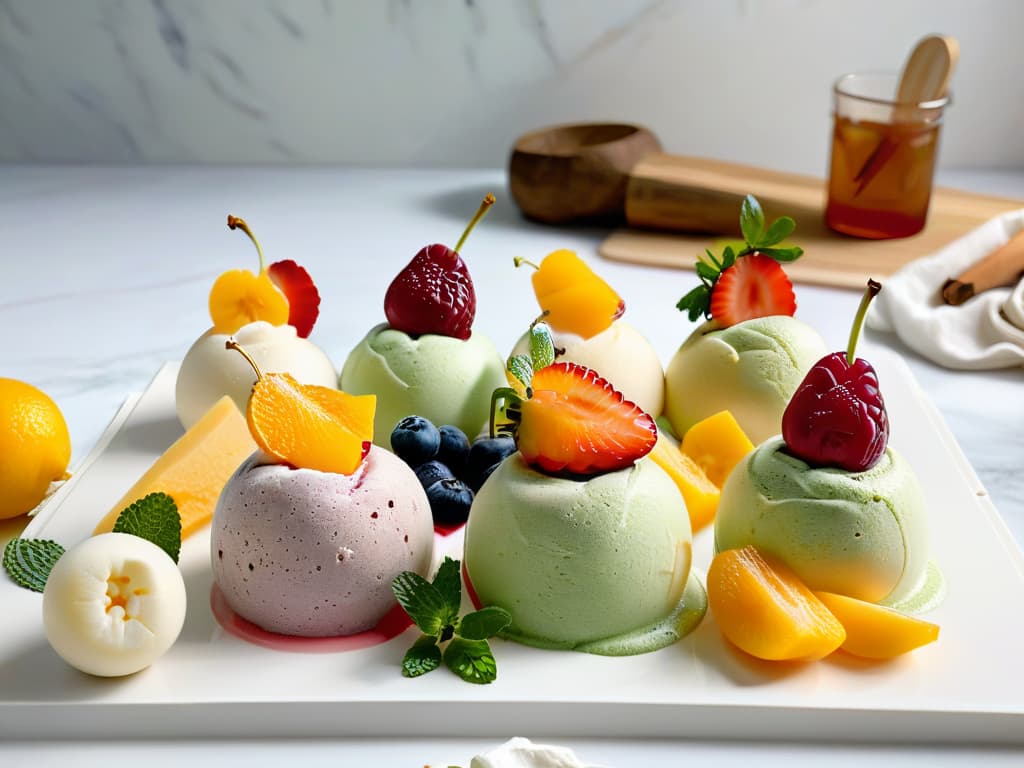  A minimalistic image of a colorful array of homemade glutenfree ice creams in various flavors, beautifully garnished with fresh fruits and mint leaves, presented on a sleek marble slab under soft natural lighting. The ice creams are elegantly scooped into perfect spheres, showcasing their creamy textures, with a subtle drizzle of honey cascading down the sides. The vibrant colors and enticing presentation exude freshness and indulgence, inviting the viewer to savor the delightful treats. hyperrealistic, full body, detailed clothing, highly detailed, cinematic lighting, stunningly beautiful, intricate, sharp focus, f/1. 8, 85mm, (centered image composition), (professionally color graded), ((bright soft diffused light)), volumetric fog, trending on instagram, trending on tumblr, HDR 4K, 8K