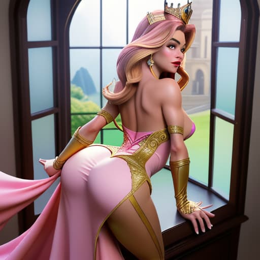  Sofia Vergara as a fantasy Disney queen in bodytight and skinny pink-yellow short and opulent dress,seen from the back leaning towards palace window,her ass up,watching her Middle Earth- like kingdom