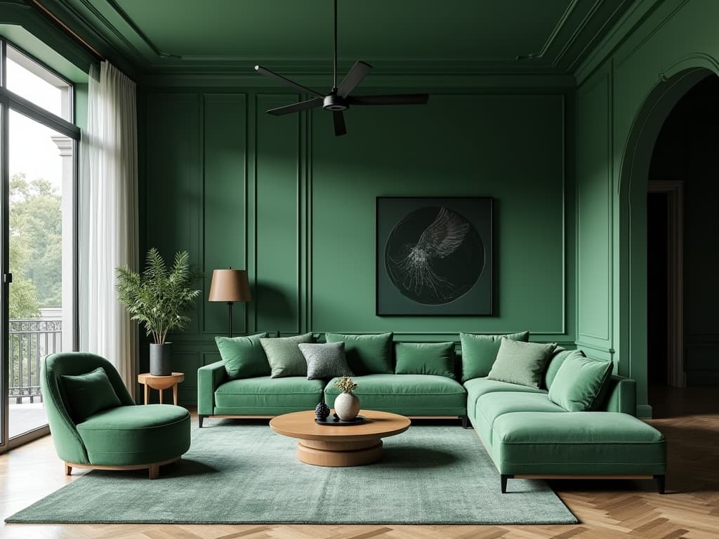  this unedited 8k photograph showcases a hyperrealistic and intricately detailed masterpiece of a living room, designed in a contemporary style emphasizing clean lines, balance, and harmony. the image, captured under bright, soft, diffused midday light, features a monochromatic green color scheme (dominant green hue, rgb unknown), enhancing the dense, stylish furnishings and decorations. the professionally color graded, photorealistic depiction offers a stunningly beautiful and highly detailed view, making it a perfect representation of a gathering space for relaxation and entertainment.