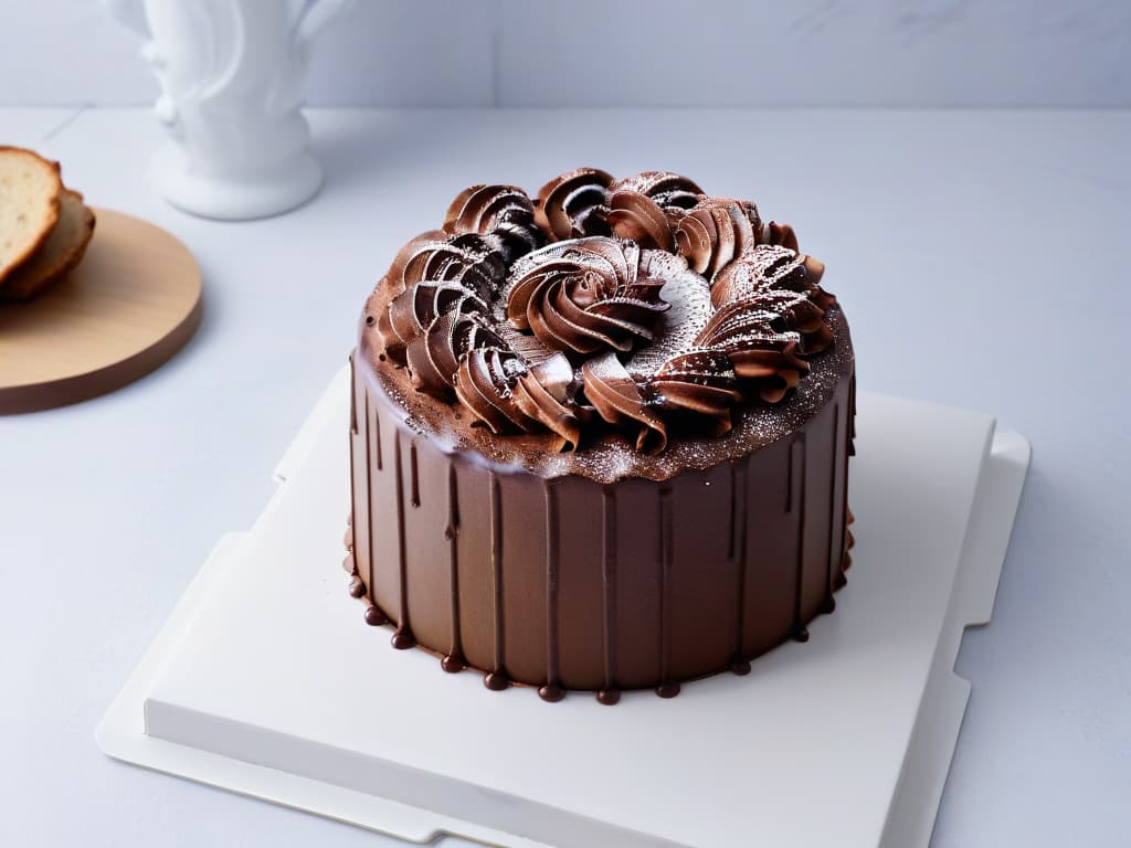  An ultradetailed closeup image of a perfectly frosted chocolate cake with intricate swirls of fair trade cocoa sprinkled on top, set on a clean, white marble countertop. The frosting is smooth and glossy, reflecting the soft lighting in the room, highlighting the precision and care put into its creation. The rich, decadent texture of the cake contrasts beautifully with the minimalist backdrop, emphasizing the elegance and sophistication of fair trade baking practices. hyperrealistic, full body, detailed clothing, highly detailed, cinematic lighting, stunningly beautiful, intricate, sharp focus, f/1. 8, 85mm, (centered image composition), (professionally color graded), ((bright soft diffused light)), volumetric fog, trending on instagram, trending on tumblr, HDR 4K, 8K