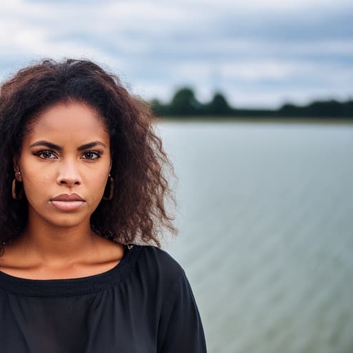 portrait+ style black woman standing next to the river