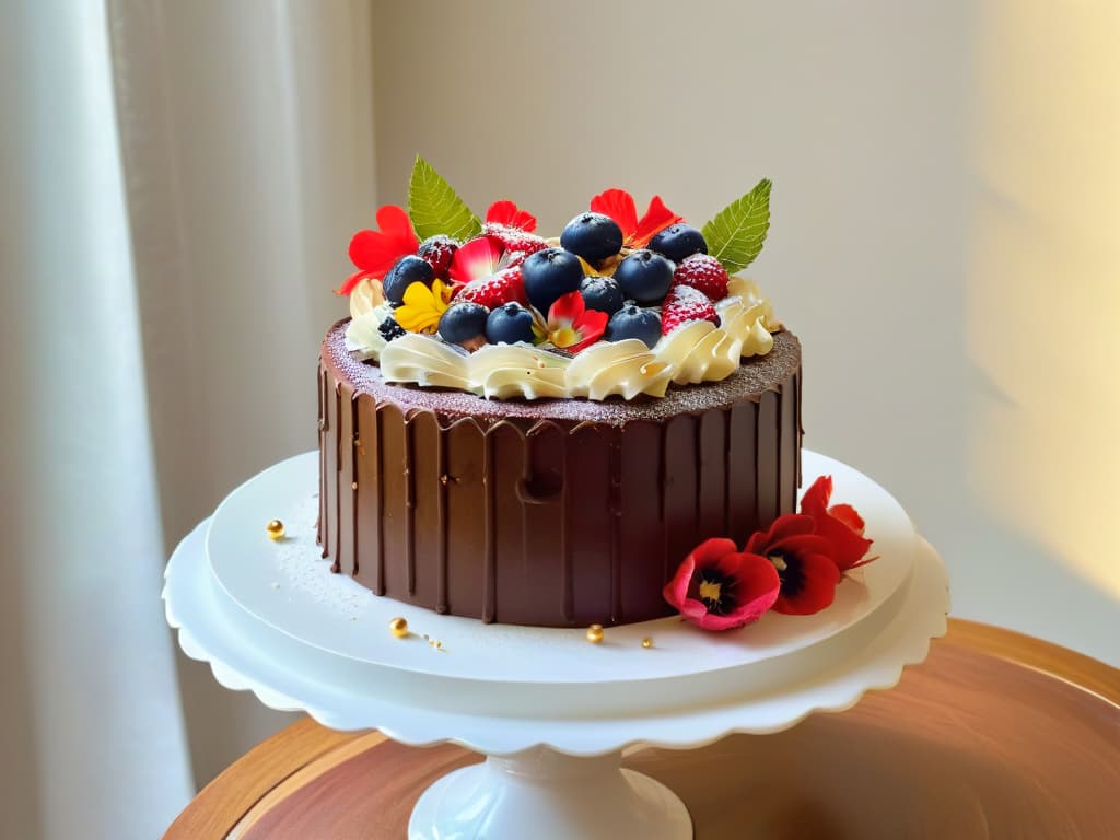  A photorealistic image of a beautifully intricate chocolate cake adorned with vibrant edible flowers, delicate gold leaf accents, and fresh berries, all sourced from Fair Trade ingredients. The cake is elegantly displayed on a pristine white cake stand, set against a softfocused background that enhances its luxurious and exclusive appearance. hyperrealistic, full body, detailed clothing, highly detailed, cinematic lighting, stunningly beautiful, intricate, sharp focus, f/1. 8, 85mm, (centered image composition), (professionally color graded), ((bright soft diffused light)), volumetric fog, trending on instagram, trending on tumblr, HDR 4K, 8K